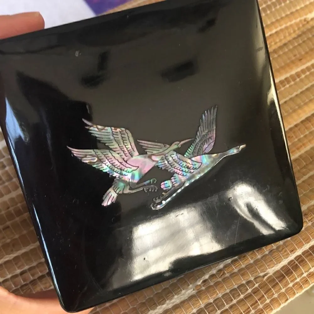 Black lacquer, decorative box with mother of pearl bird inlay Trinket box, jewel